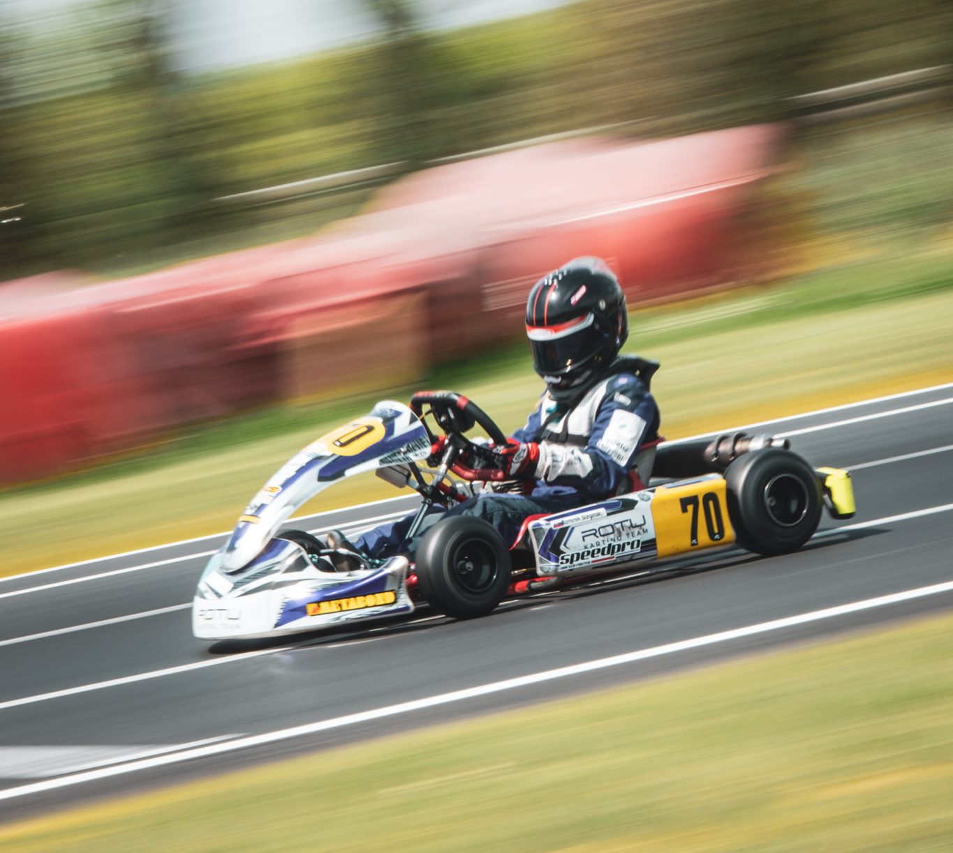 Dominik Stégmár racing kart #70 in motion with purple lighting